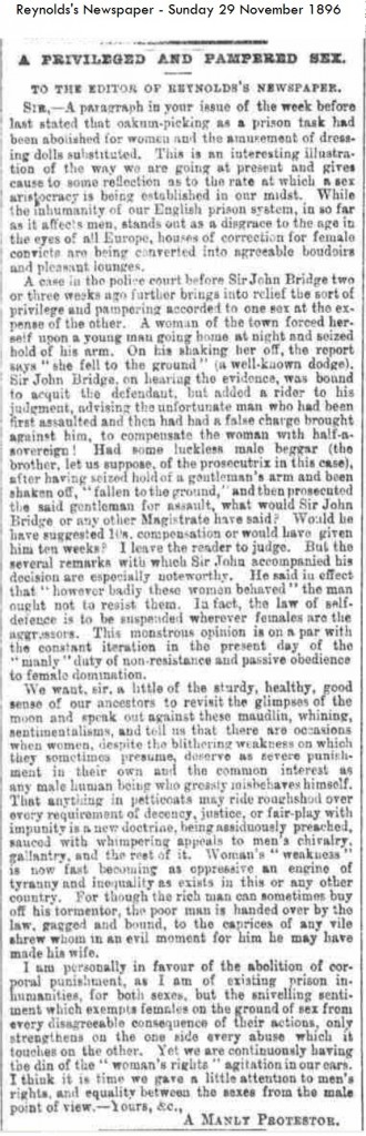 1896- Women a priviledged and Pampered Sex - Reynolds's Newspaper - Sunday 29 November 1896